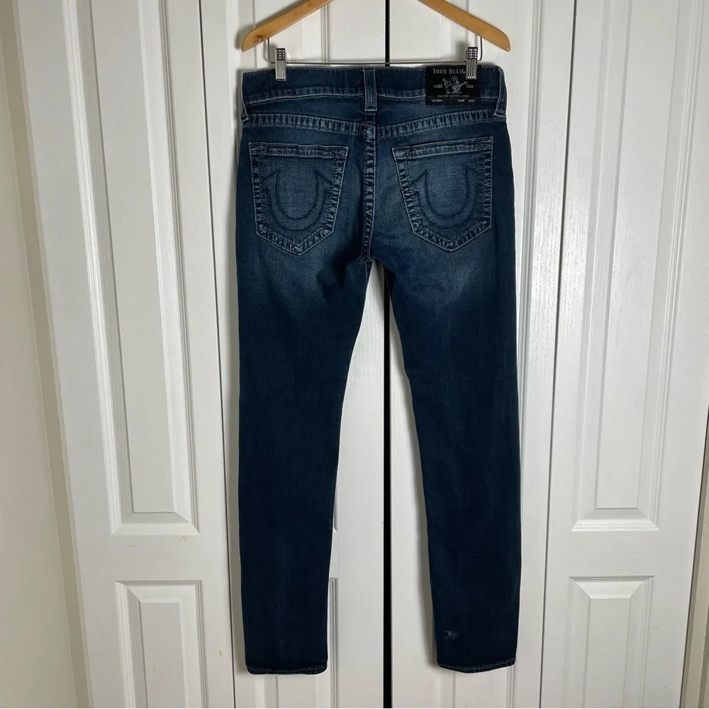 True Religion Relaxed Skinny Rocco Jeans Men’s 32 Blue Dark Wash Grunge Distress